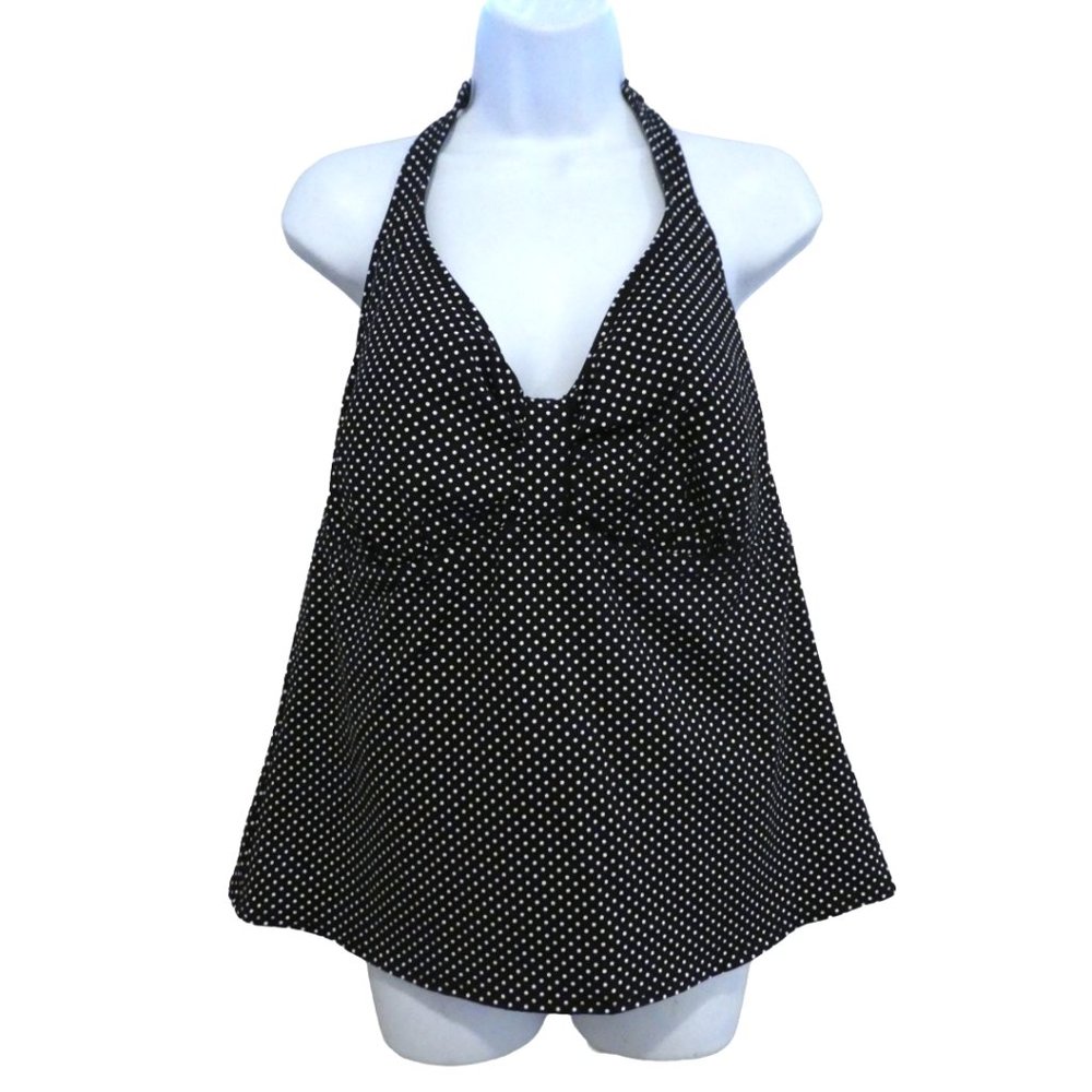 Lands End Swim Tankini Top Black White Polka Dot Wire Free Pads Halter Neck 18